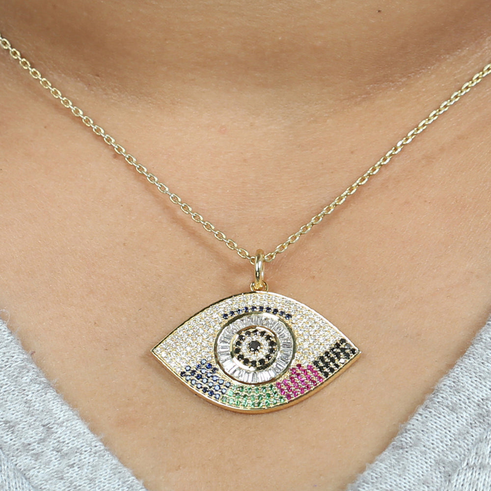 Natural Pave diamond Sapphire Multi Gemstone Evil Eye Charm Pendant In 14k Yellow Gold