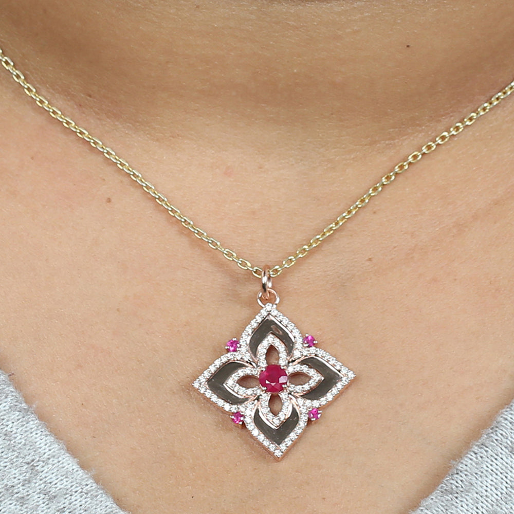 Ruby Diamond Designer Floral Design Pendant In 18k Rose Gold