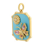 Pink Sapphire Diamond Butterfly Floral Designer Enamel 14k Gold pendant