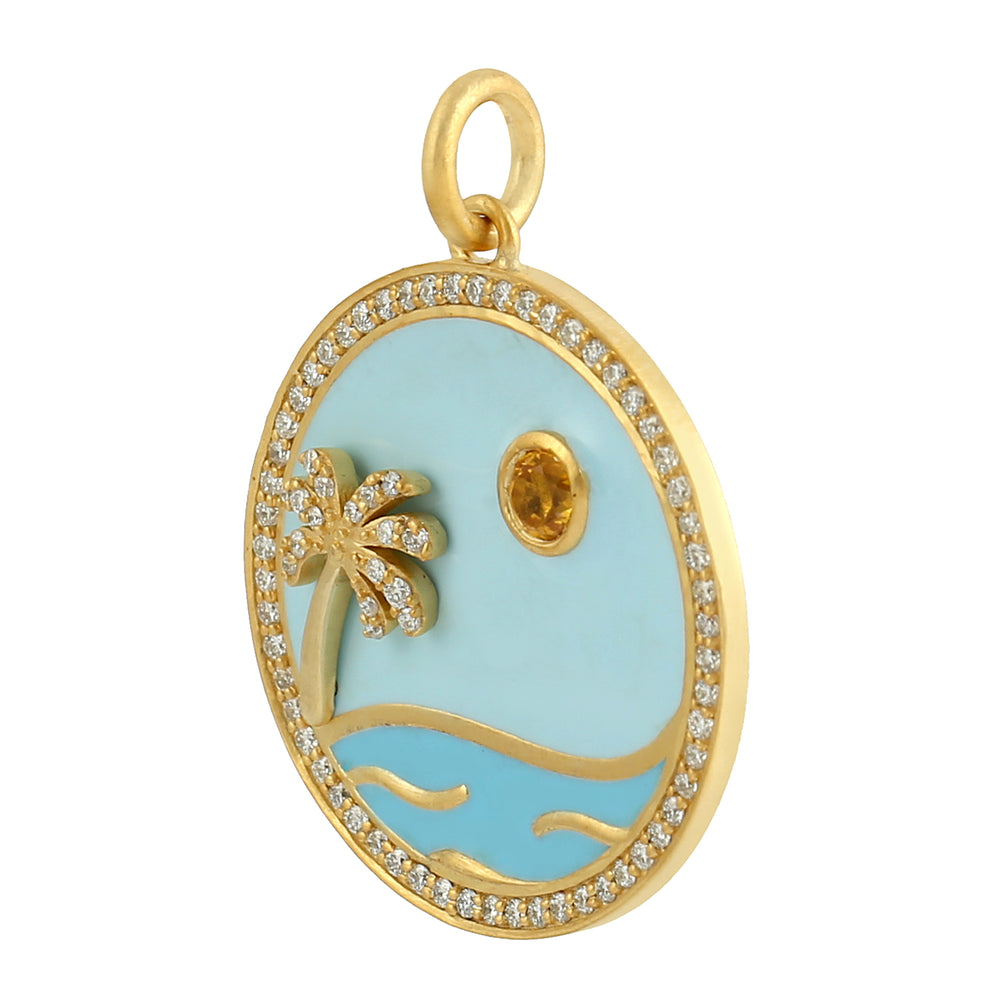 Pave Diamond Palm Tree Pendant Enamel Sapphire 14k Gold Jewelry