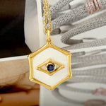 Blue Sapphire 14k Yellow Gold Enamel Hexagon Pendant For Gift