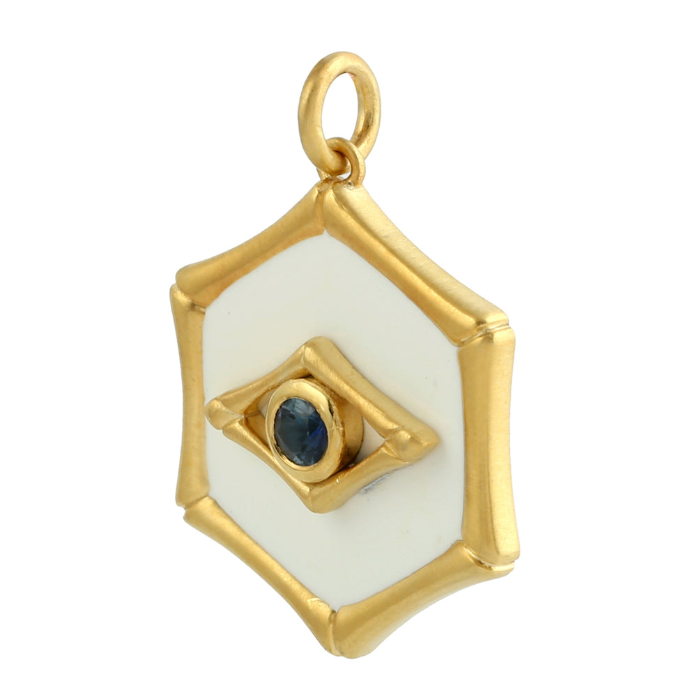Blue Sapphire 14k Yellow Gold Enamel Hexagon Pendant For Gift