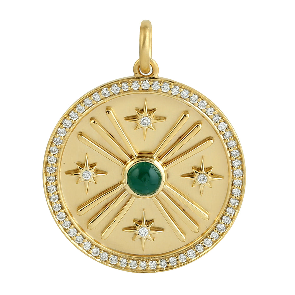 Natural Emerald Diamond Round Pendant In 14k Yellow Gold