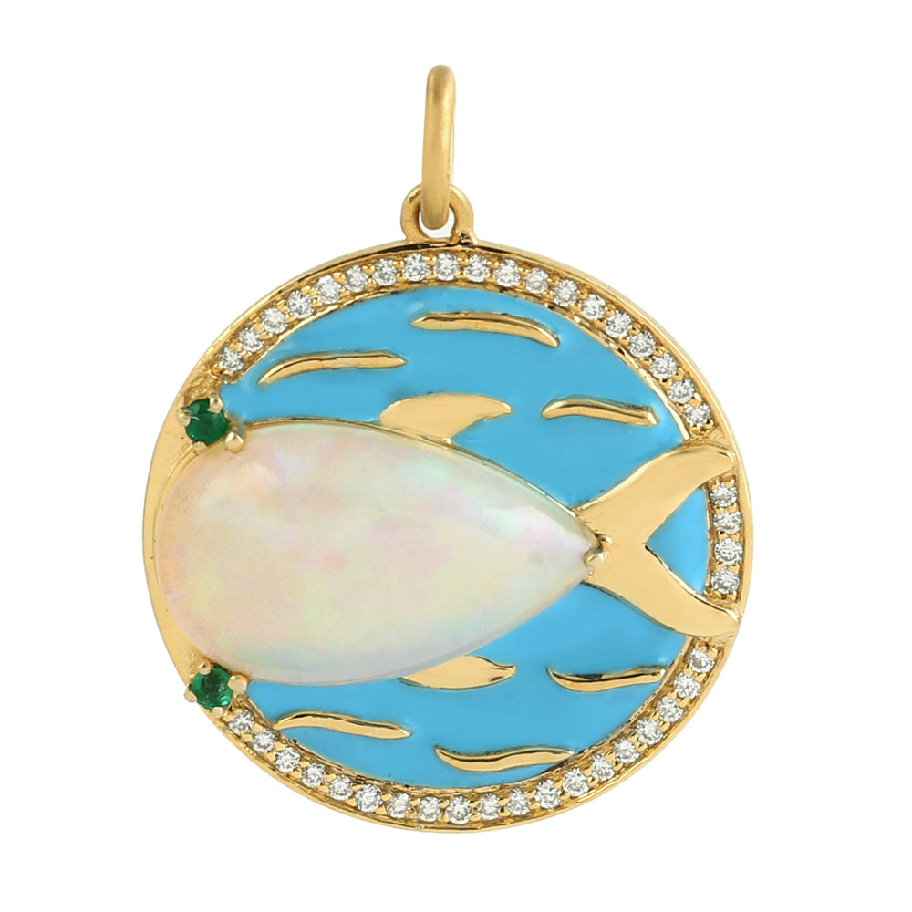 Opal Ethopian Emerald Diamond Fish Ocean 14k Yellow Gold Pendant Jewelry