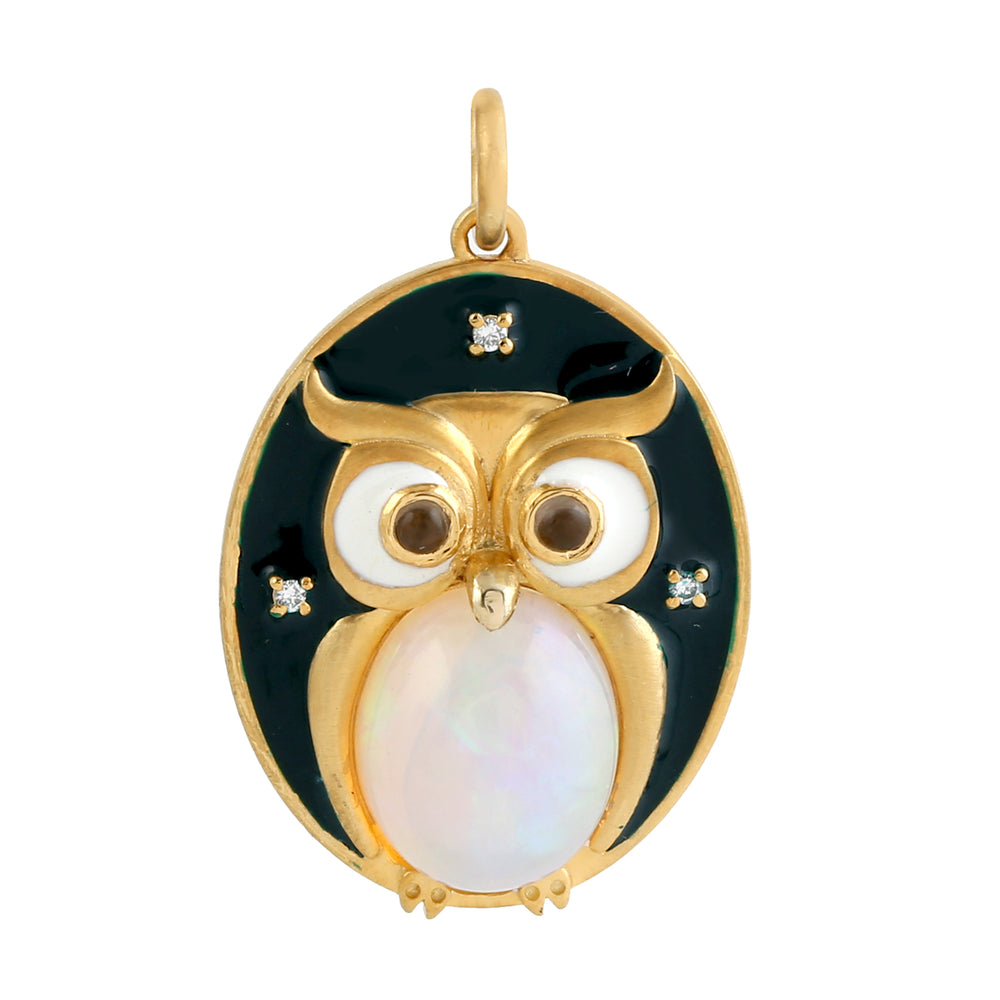 Opal Ethopian Quartz Diamond Owl Pendant In 14k Yellow Gold Jewelry