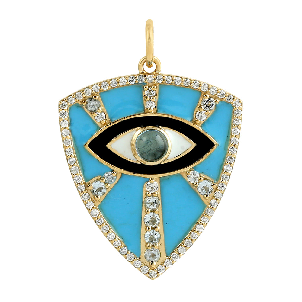 Natural Topaz Diamond Evil Eye Enamel Trillion Pendant 14k Gold