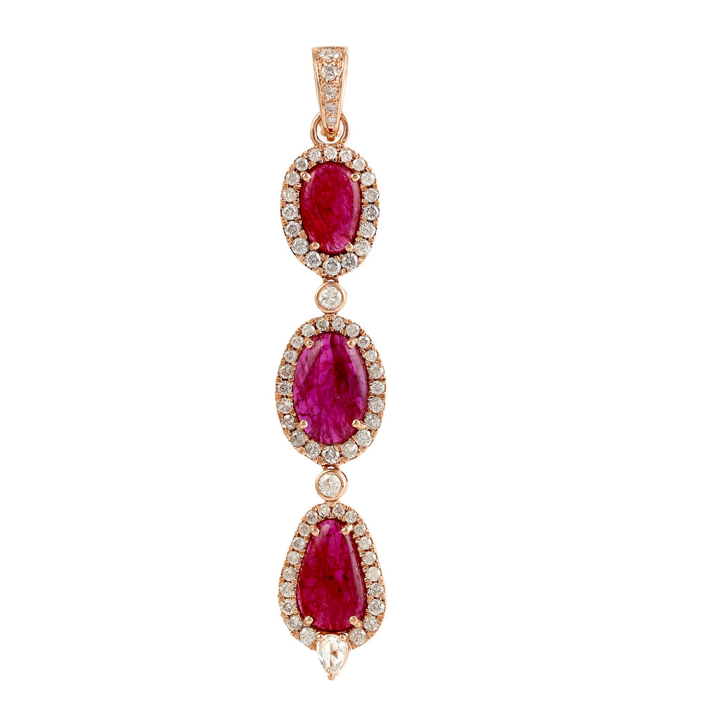 Natural Ruby Pave Diamond Long Drop Designer Pendant In 18k Rose Gold