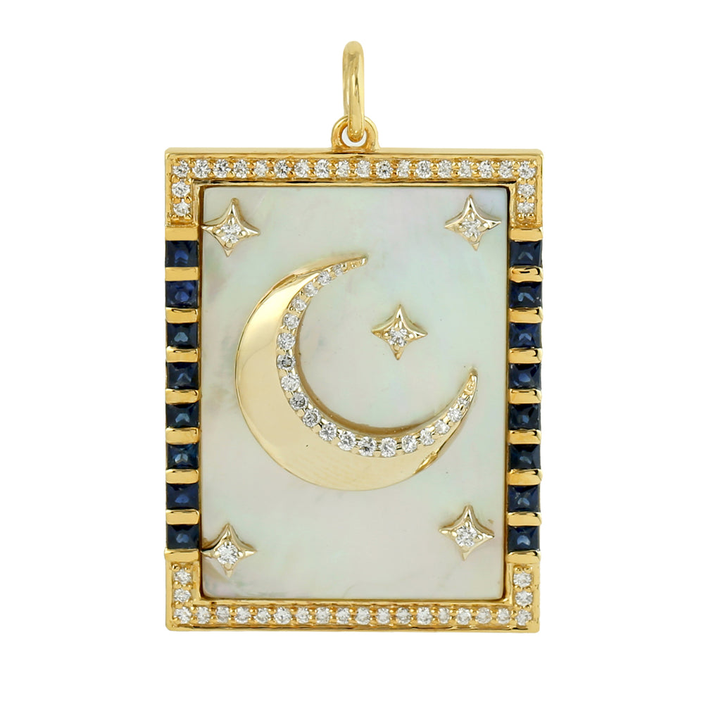 Natural MOP Sapphire Diamond Crescent Moon Charm Pendant 14k Gold Jewelry