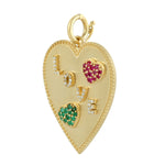 Natural Pave Emerald Ruby Diamond Love Charm Initial Heart Pendant 14k Gold