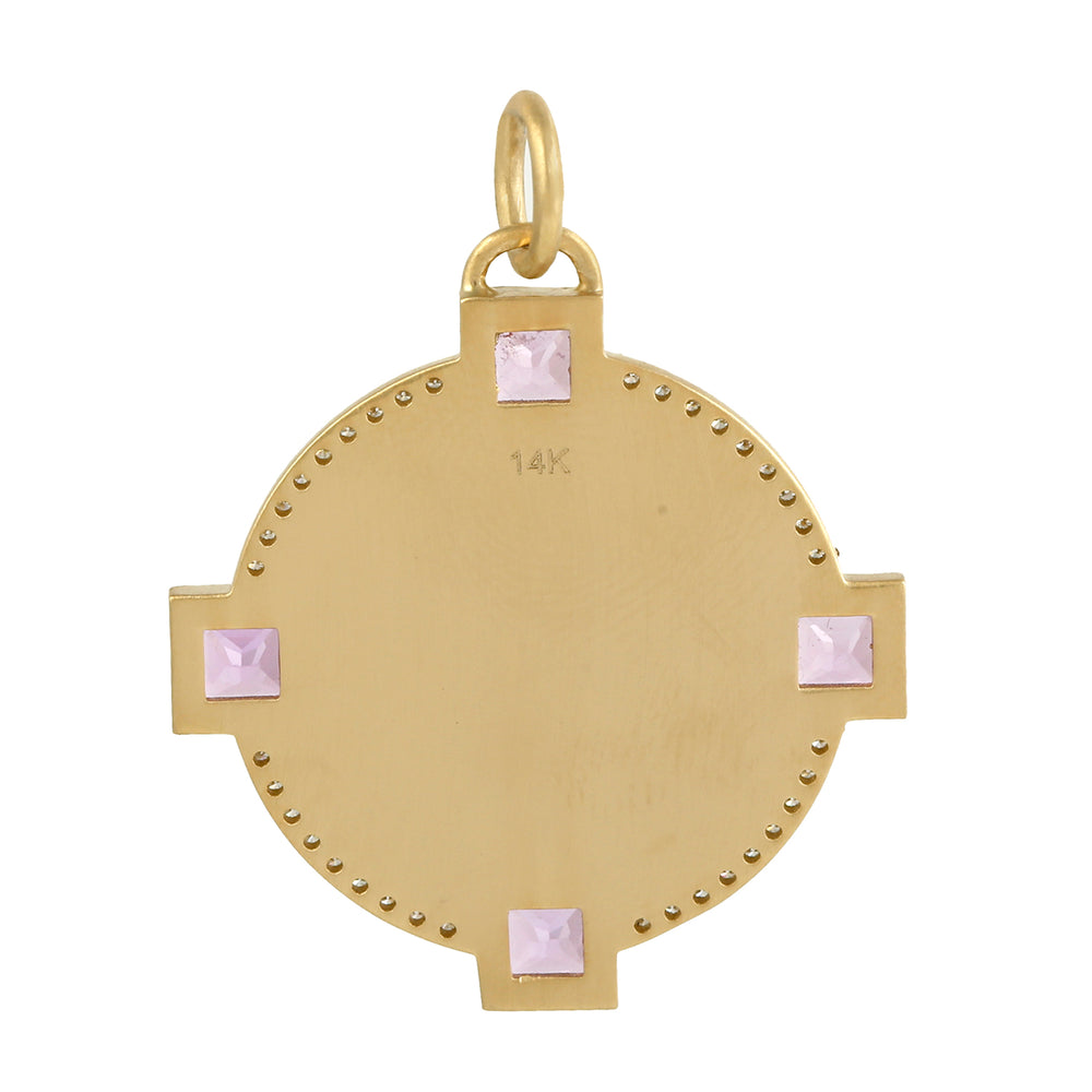 Natural Pink Sapphire Diamond Disc Charm Designer Pendant In 14k Gold