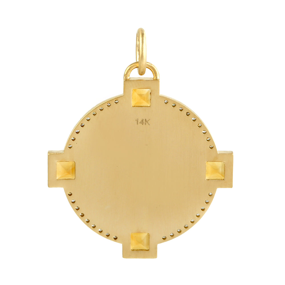 Natural Citrine Diamond Disc Charm Designer Pendant In 14k Gold