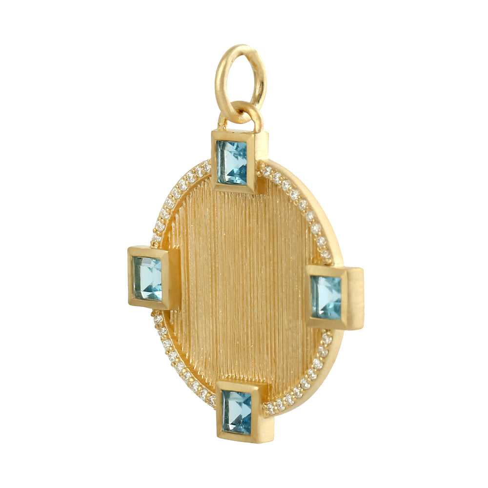 Blue Topaz Pave Diamond Disc Charm Designer Pendant In 14k Yellow Gold