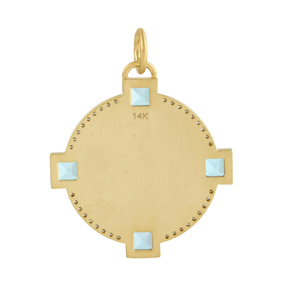 Blue Topaz Pave Diamond Disc Charm Designer Pendant In 14k Yellow Gold