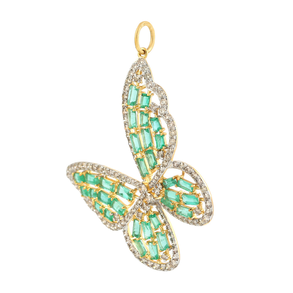 Baguette Emerald Pave Diamond Butterfly Charm Pendant In 14k Yellow Gold For Gift