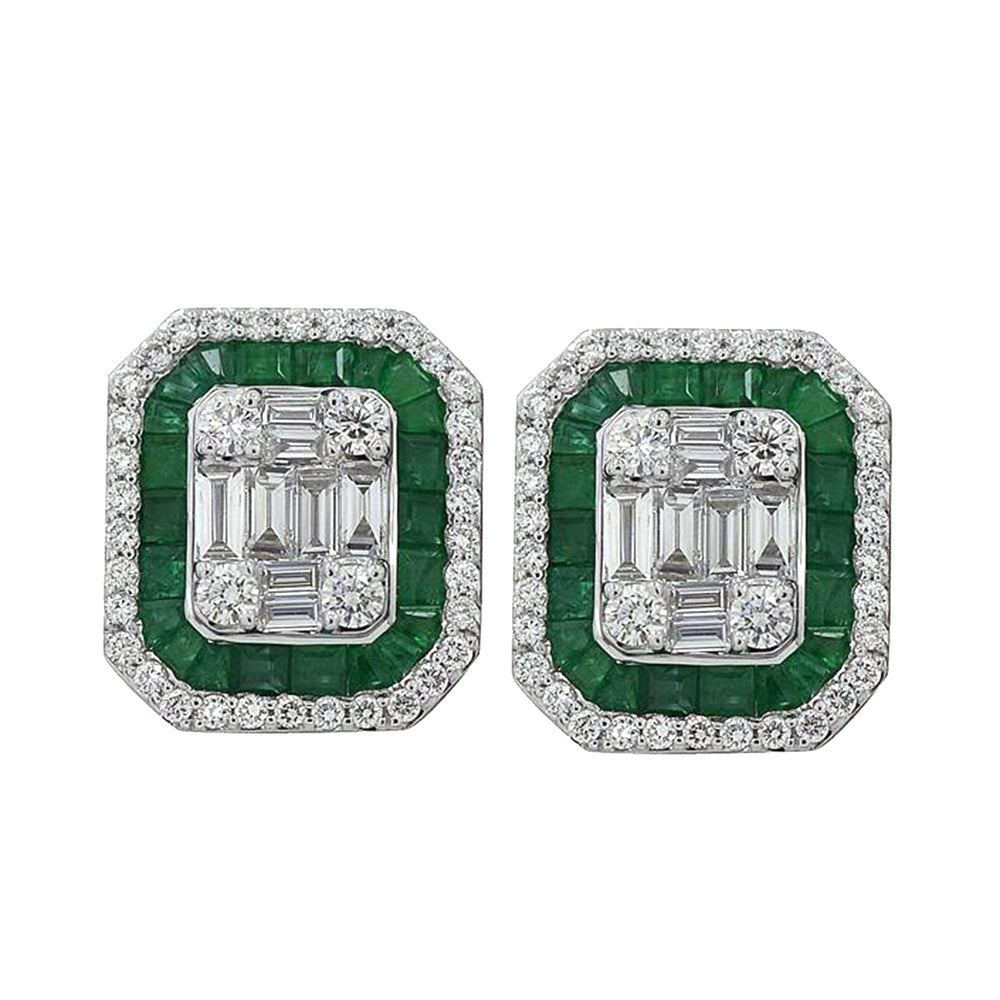 Emerald Diamond Octagon Stud Earrings In 18k White Gold On Sale