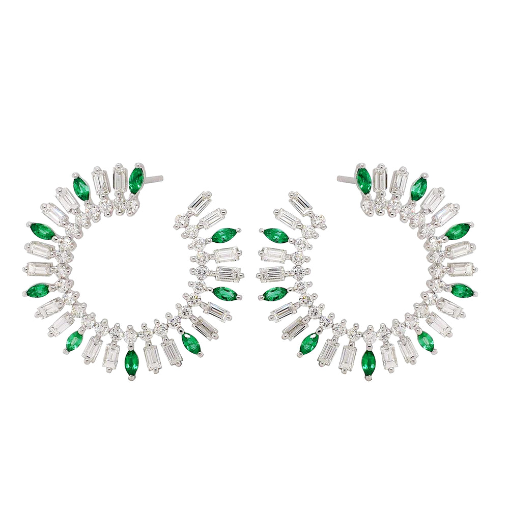 Marquise Emerald Baguette Diamond Front Hoop Design Stud In 18k White Gold On Sale