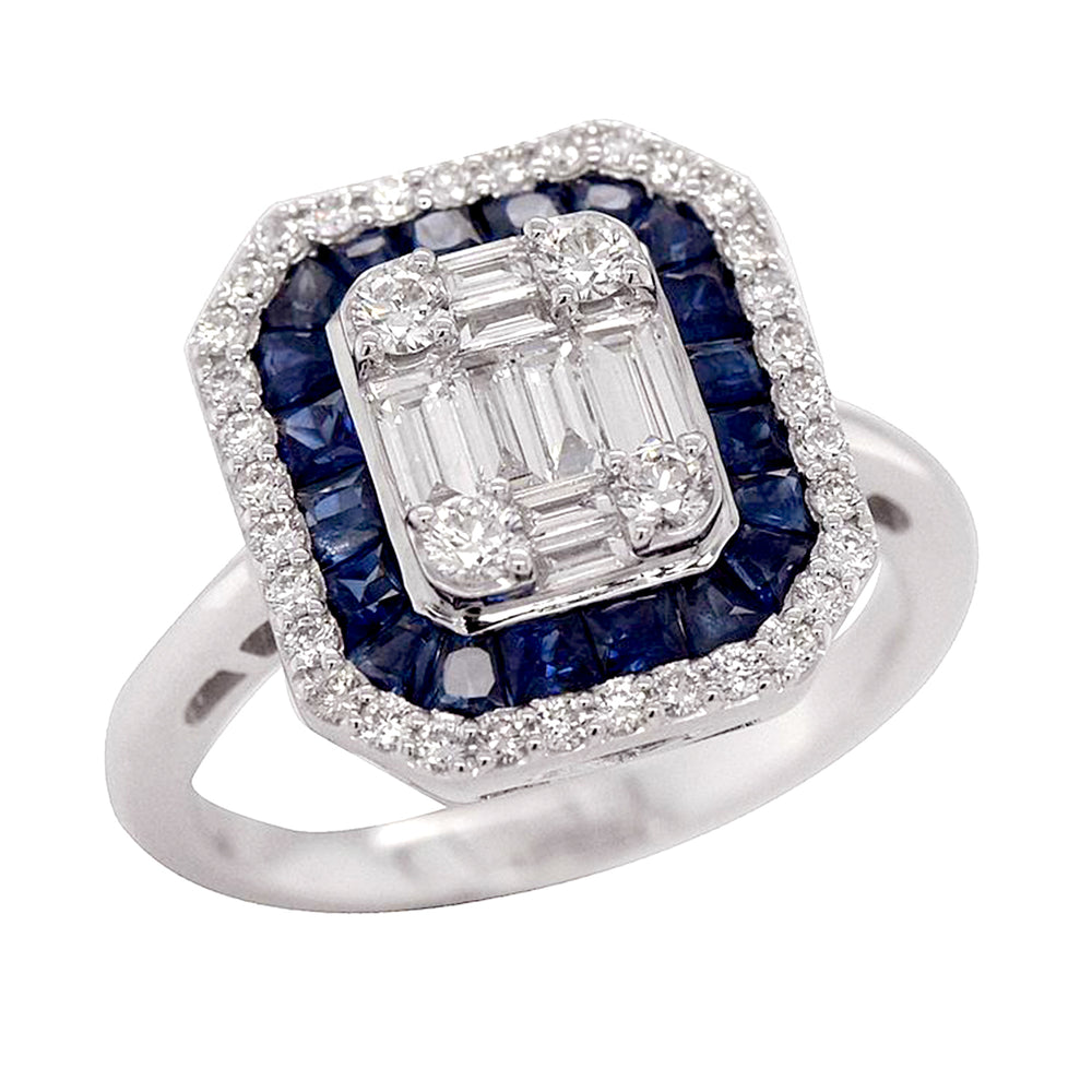 Channel Set Blue Sapphire Pave Diamond Octagon Cocktail Ring In 18k White Gold For Her Sale