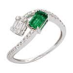 Baguette Emerald Diamond Bypass 18k White Gold Ring For Gift