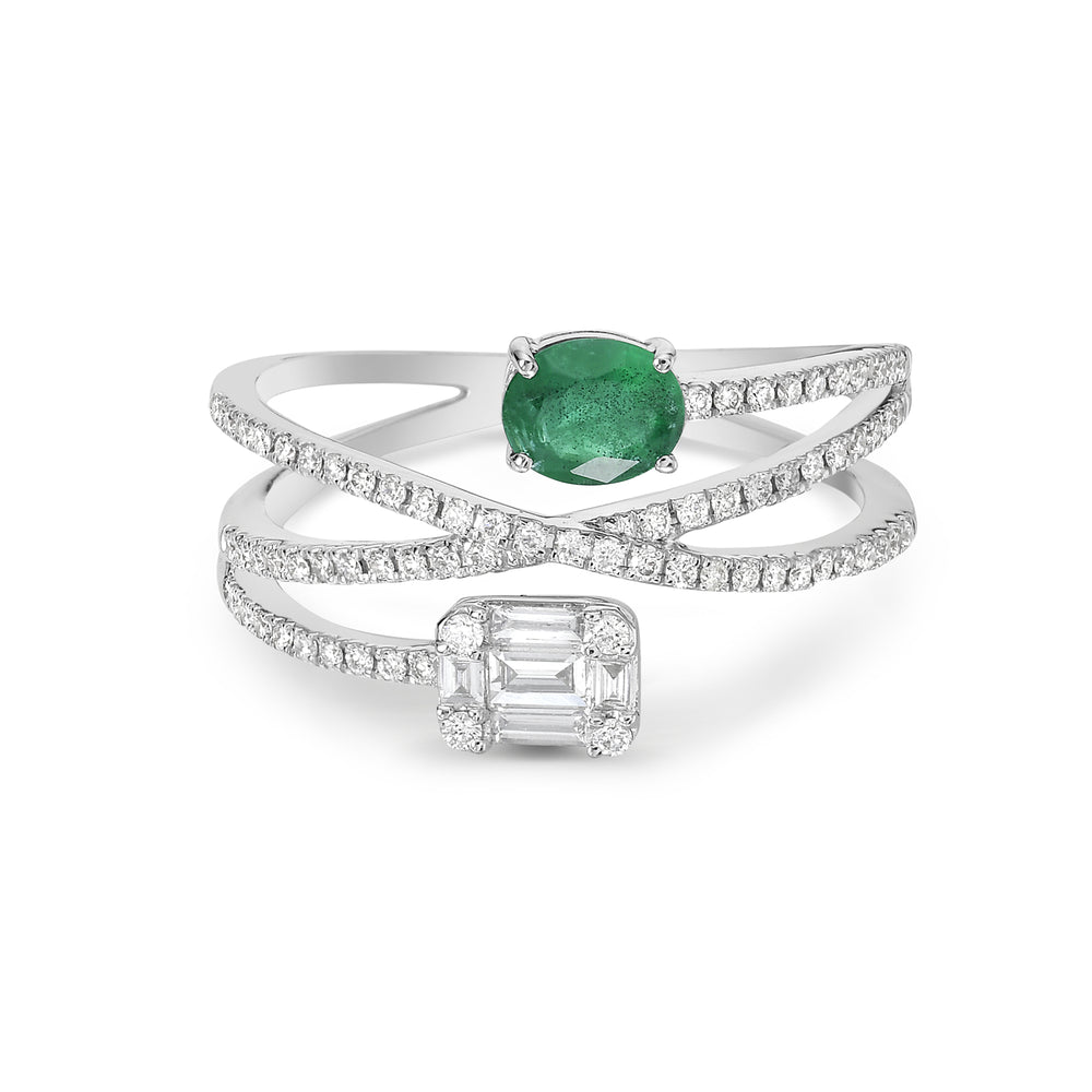 Oval cut Emerald Pave Diamond Designer Criss Cross Ring 18k White Gold