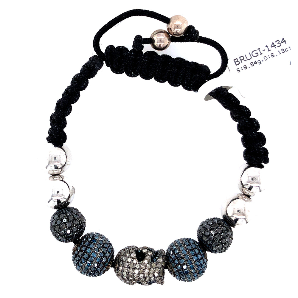 Pave Diamond Beads Macrame Skull Bracelet 925 Silver Jewelry Halloween