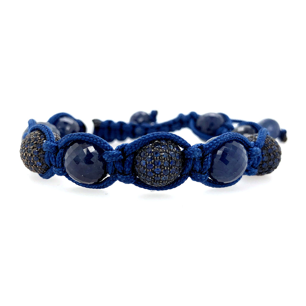 Pave Blue Sapphire Beads Bead Ball Bracelet 925 Silver Women's Handmade Jewelry