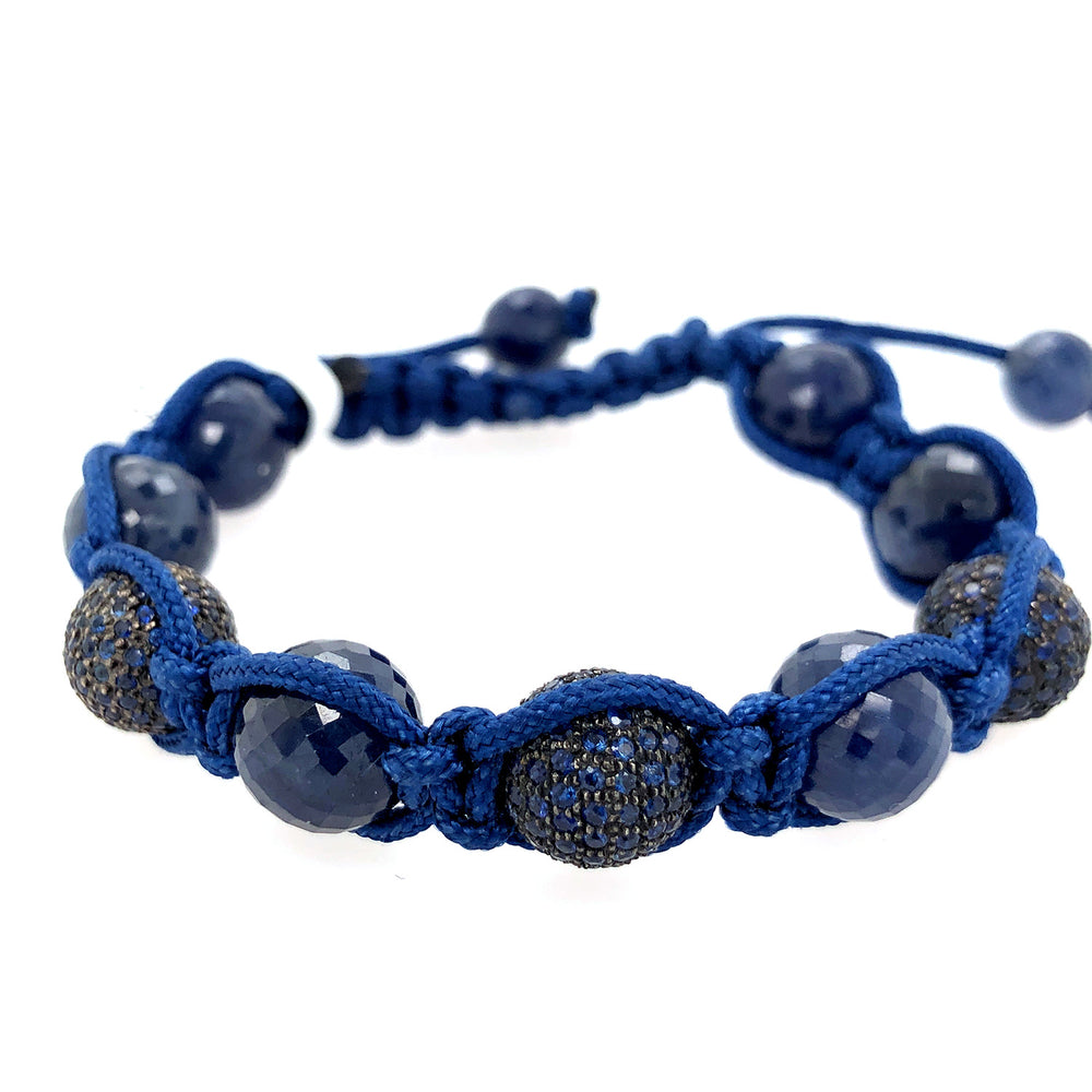 Pave Blue Sapphire Beads Bead Ball Bracelet 925 Silver Women's Handmade Jewelry