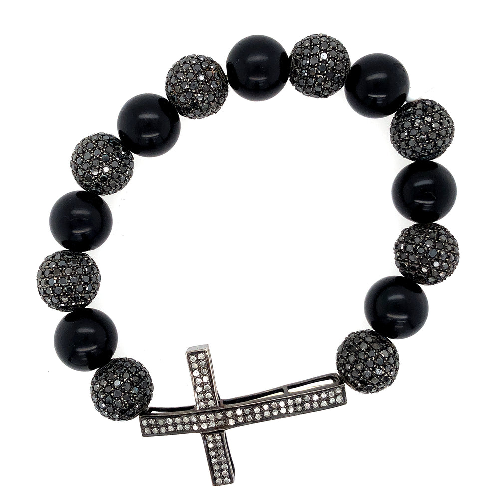 Black Diamond Pave Gemstone Cross Sign Beaded Bracelet 18k Gold Jewelry