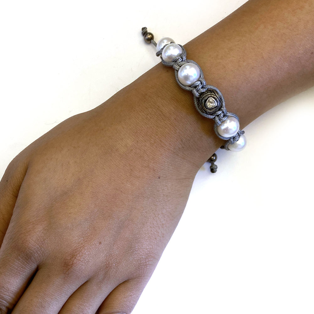 Natural Pearl Uncut Diamond Sterling Silver Beads Macrame Bracelet NEW