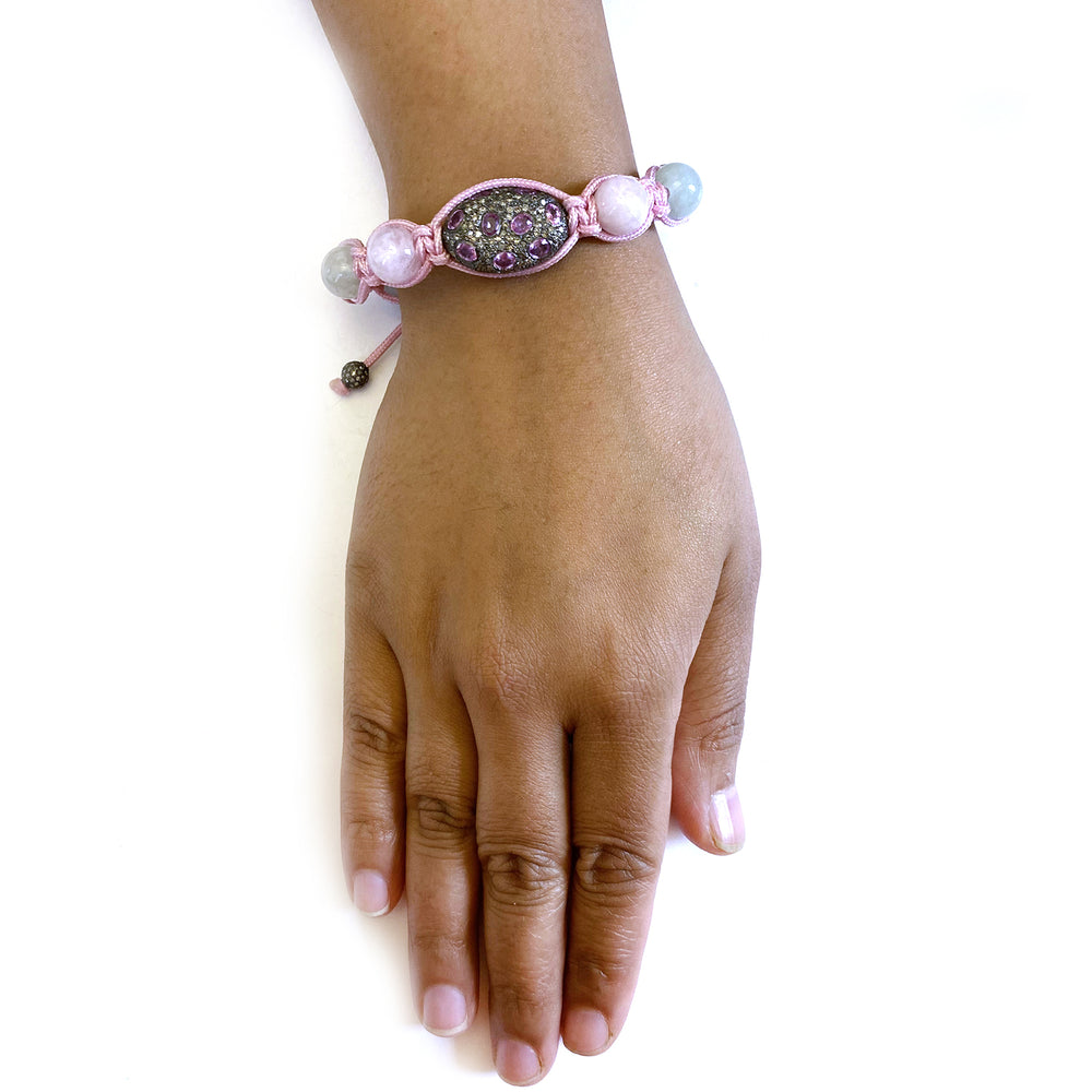 925 Silver Pave Diamond Gemstone Bead Pink Macrame Bracelet Jewelry Gift