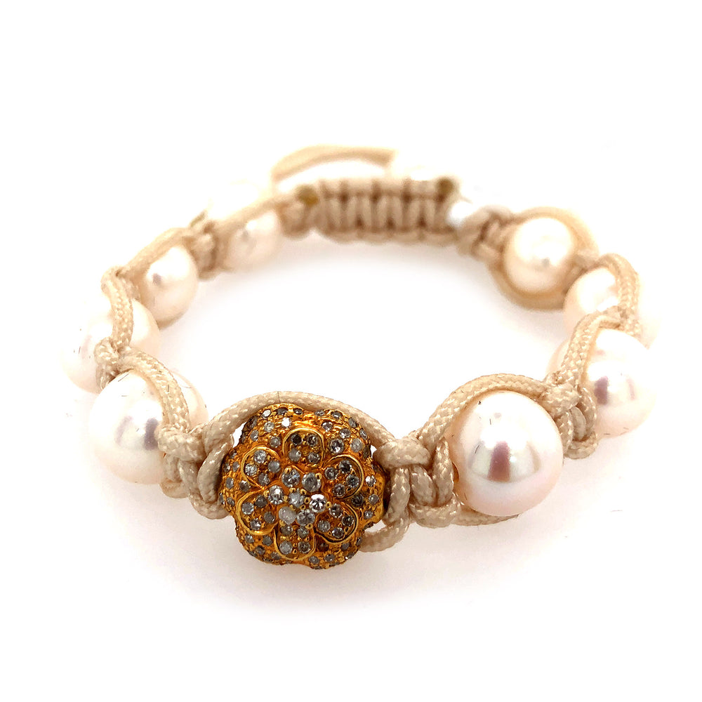18k Yellow Gold Pave Diamond Pearl Beads Ivory Macrame Bracelet New