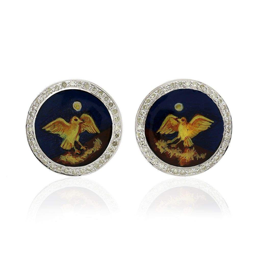 Pave Diamond Handpainted Picture Cuff Links For Him In 925 Sterling Silver