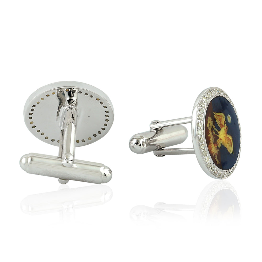Pave Diamond Handpainted Picture Cuff Links For Him In 925 Sterling Silver