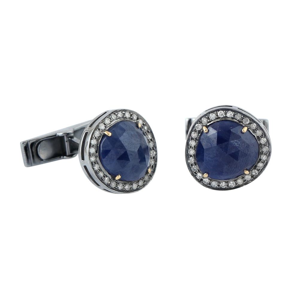Natural Blue Sapphire Pave Diamond Silver Gold Cufflinks For Gift