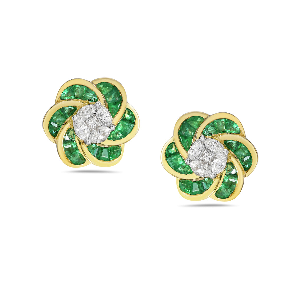 Marquise Diamond Emerald Daisy Earrings in Solid 18k Yellow Gold