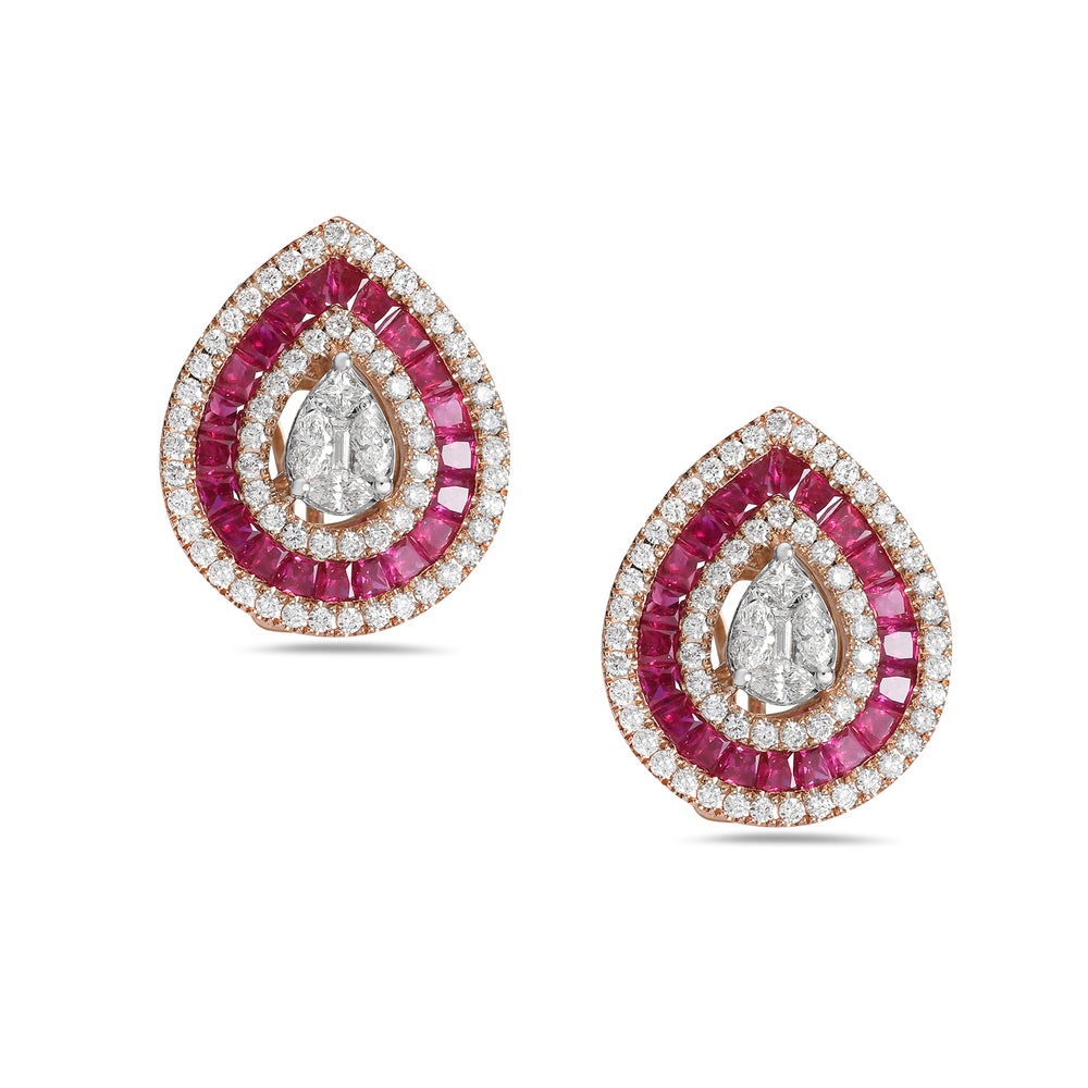Natural Ruby Diamond Pear Shape Stud Earrings 18k Rose Gold