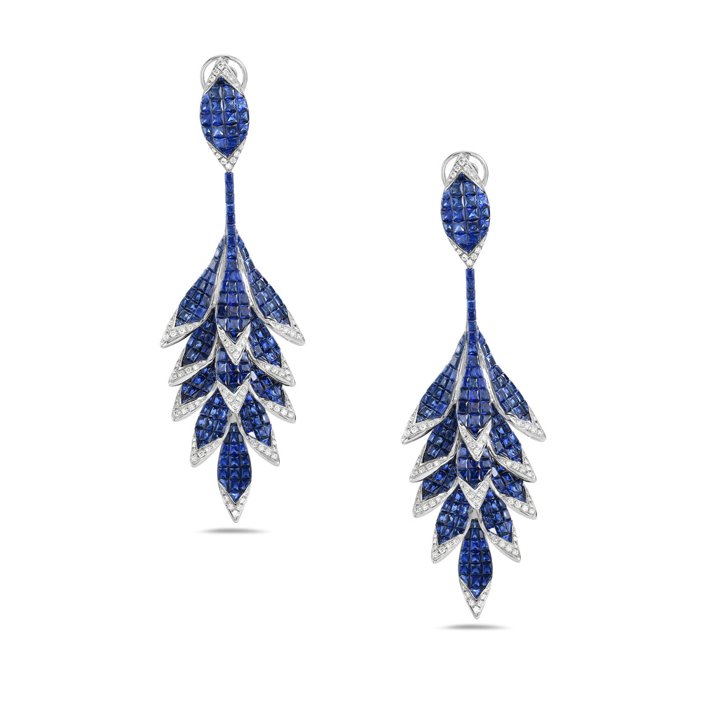 Natural Blue Sapphire Diamond Beautiful Leaf Design danglers In White Gold