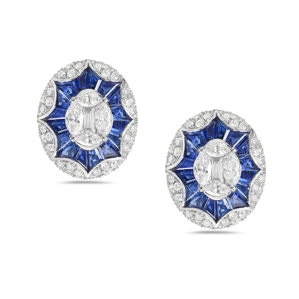 Marquise Diamond Blue Sapphire Oval Stud Earrings in 18k Gold