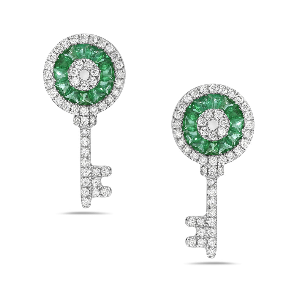 Natural Green Emerald Diamond Lock Key Design Stud Earrings In Gold