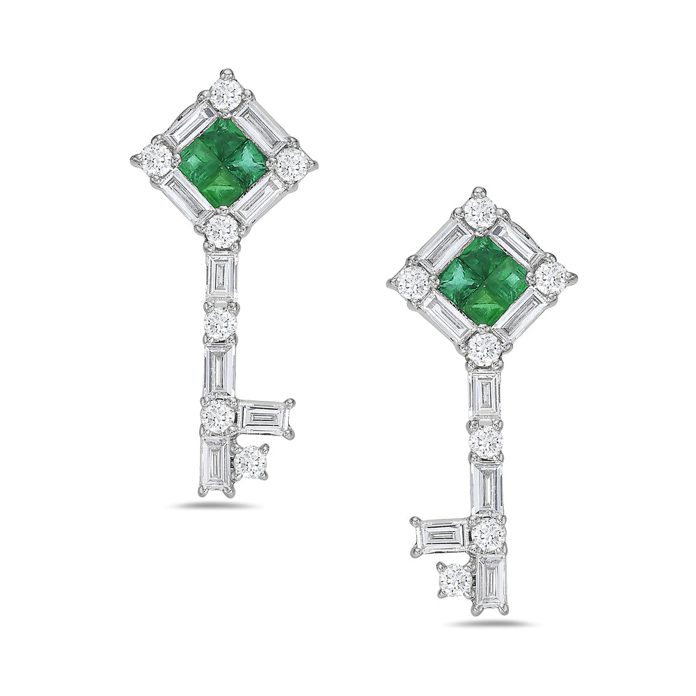 Baguette Diamond Emerald Designer Key Stud Earrings In White Gold