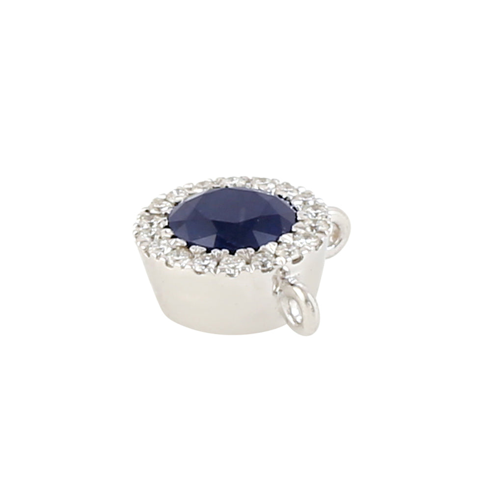 Natural Blue Sapphire & Pave Diamond Minimalist Finding Charm In 18k White Gold