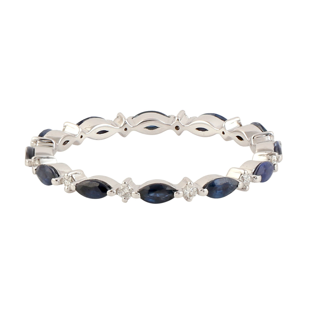 18k White Gold Marquise Shape Band Ring Blue Sapphire Diamond Jewelry