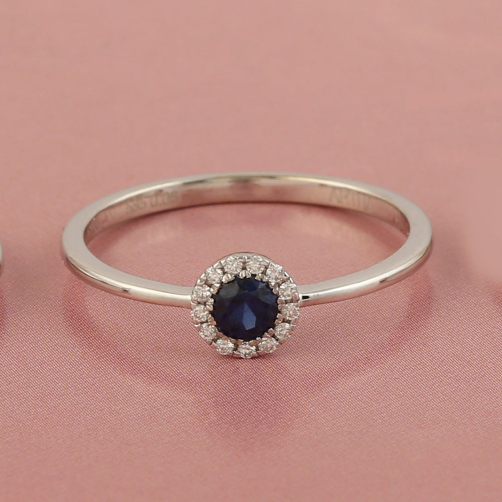 14k White Gold Blue Sapphire Gemstone Diamond Band Ring Jewelry