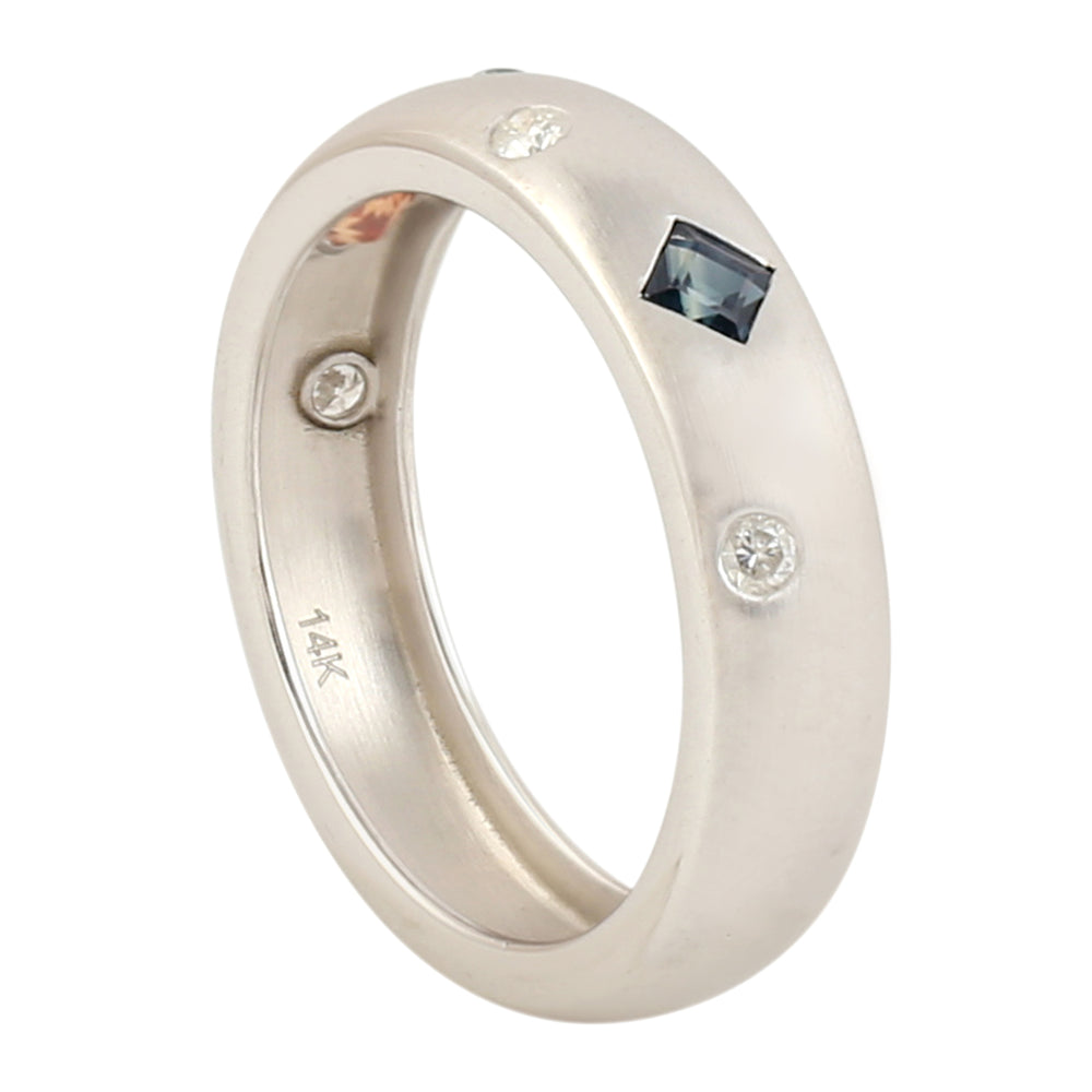 14k White Gold Natural Diamond & Sapphire Band Ring Handmade Jewelry