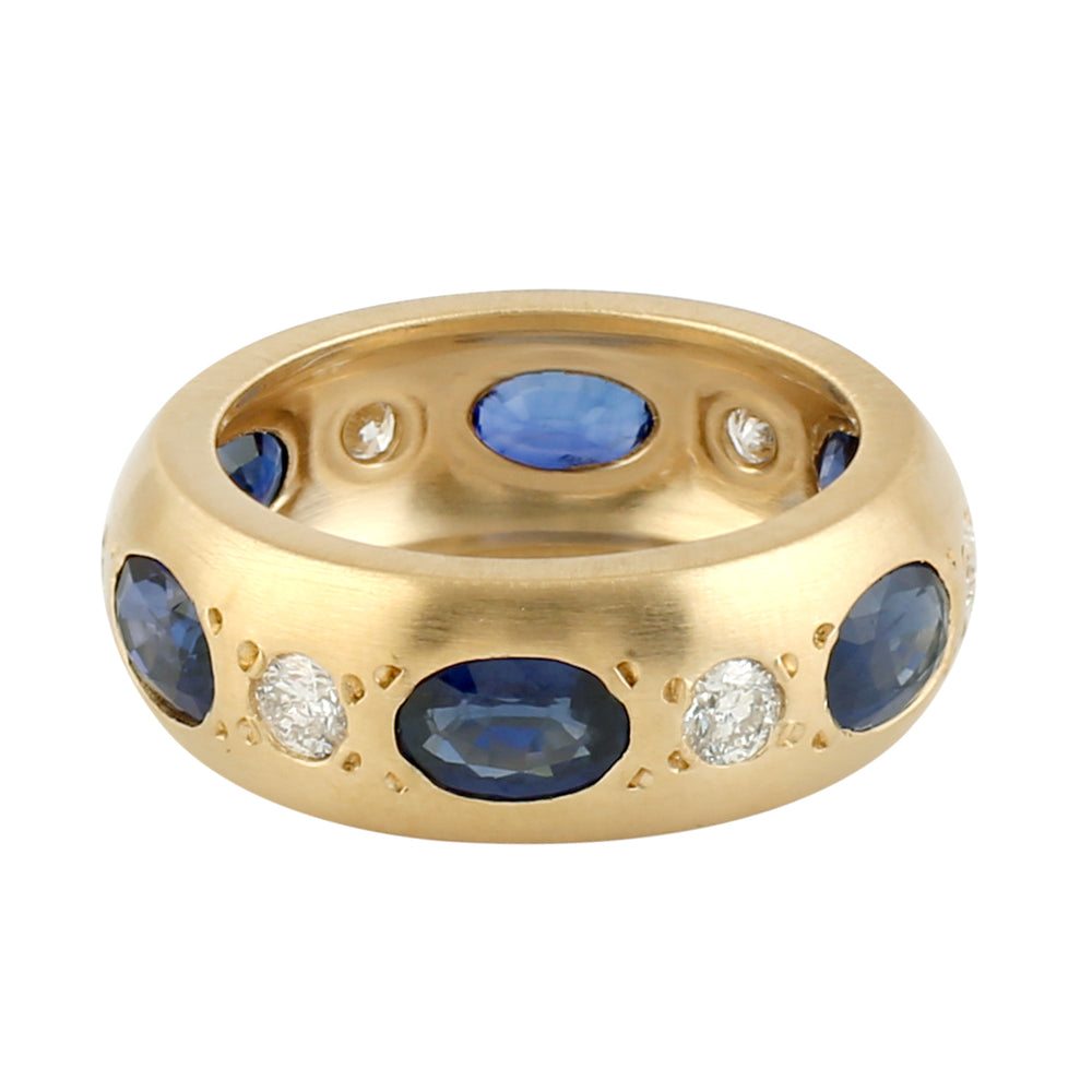 18k Yellow Gold Diamond Sapphire Band Ring Handmade Jewelry