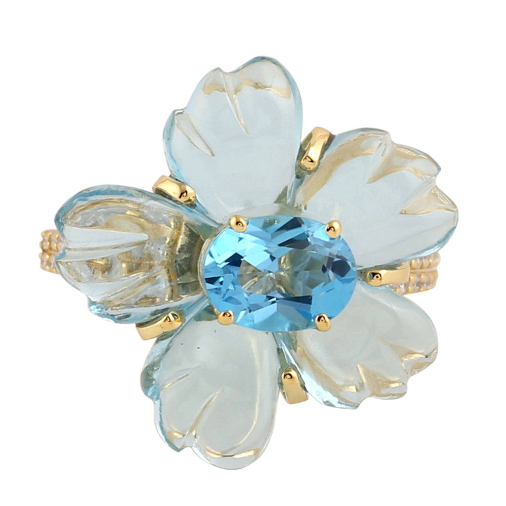Flower Carved Gemstone Blue Topaz Pave Diamond Cocktail Ring In 18k Yellow Gold For Her