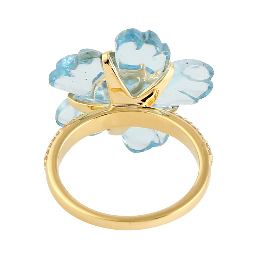 Flower Carved Gemstone Blue Topaz Pave Diamond Cocktail Ring In 18k Yellow Gold For Her