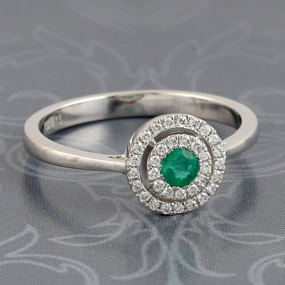Natural Emerald & Pave Diamond Double Halo Ring In 18k White Gold For Her