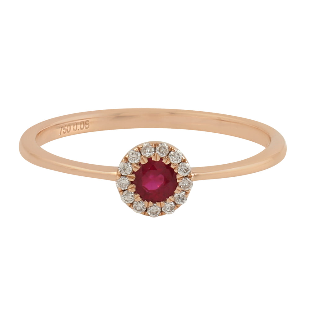 Solid 18k Rose Gold Natural Ruby Pave Diamond Halo Ring Minimal Jewelry For Her