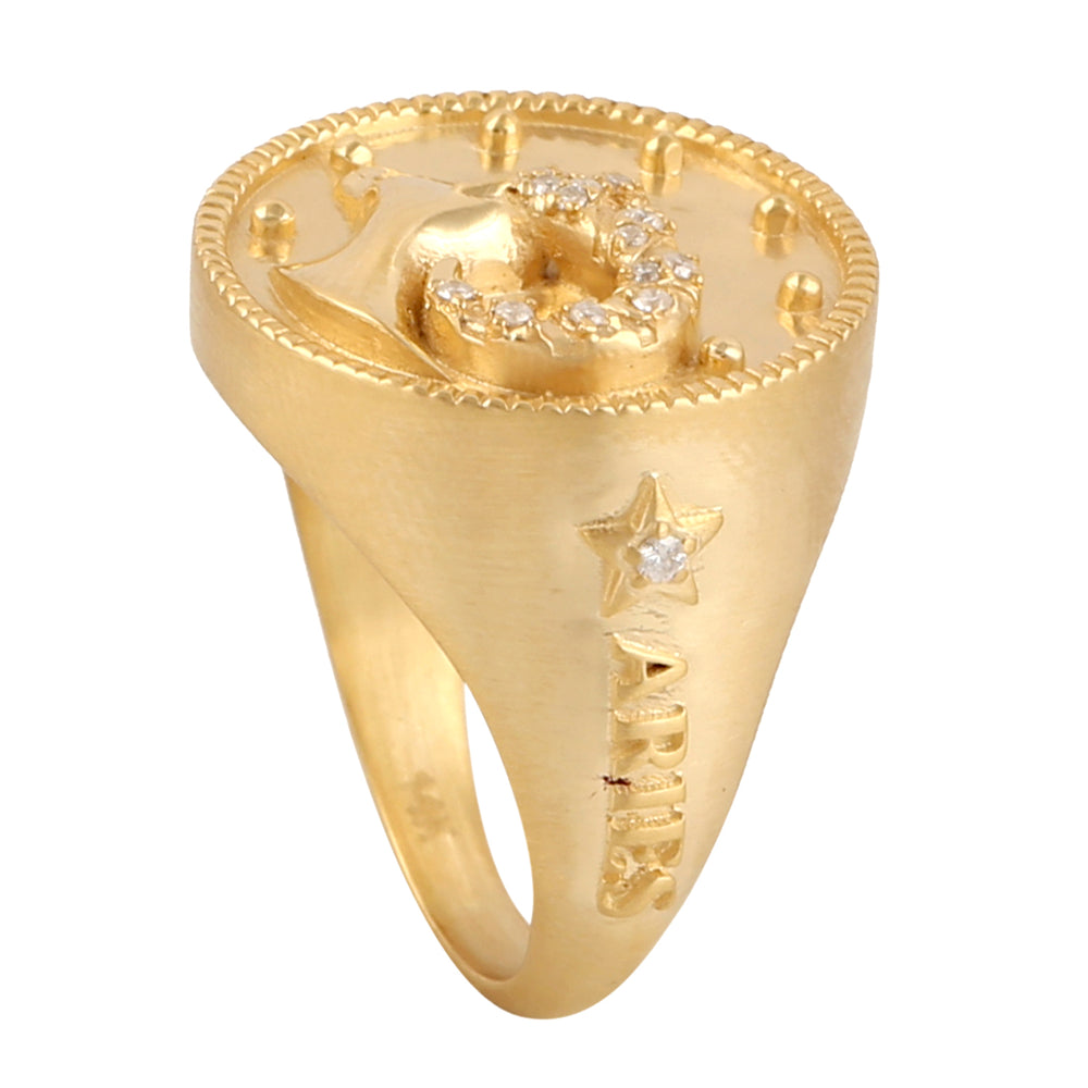 Pabe Diamond Aries Zodiac Sign Signet Ring In 14k Gold
