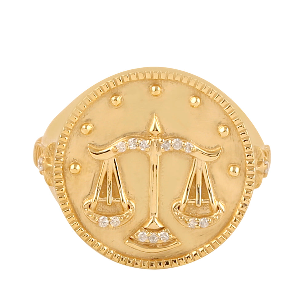 14k Gold Pave Diamond Libra Zodiac Signet Ring For Gift